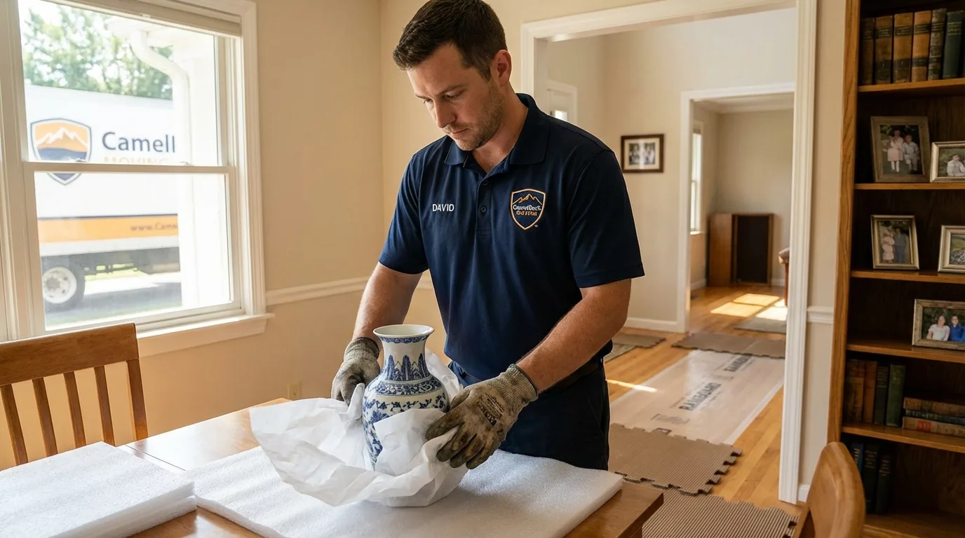 Professional crew carefully wrapping antique vase for senior downsizing move in Wickliffe, KY